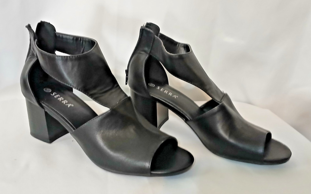 90s Style Versatile Black Open Toe Block Chunky Heel Zip Sleek Size 10 New